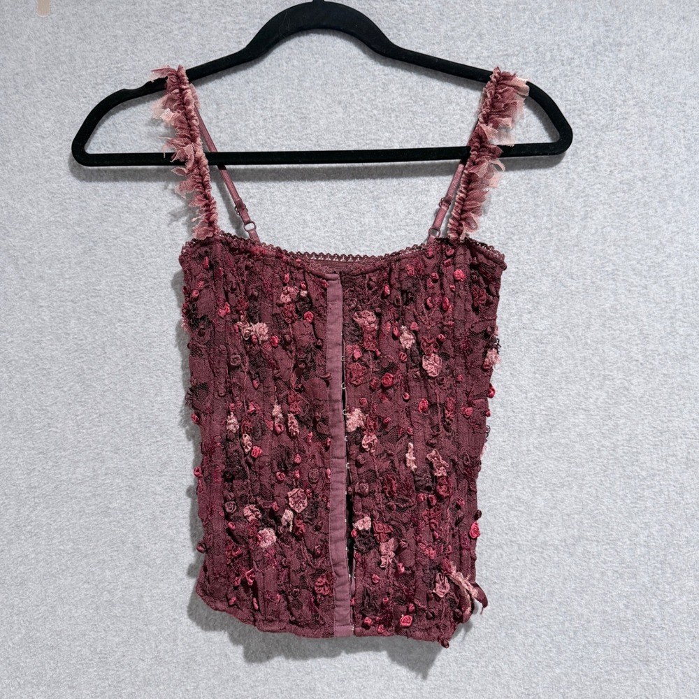 Victorian Bebe Womens XS Burgundy Floral Applique Lace Up Corset Top coquette